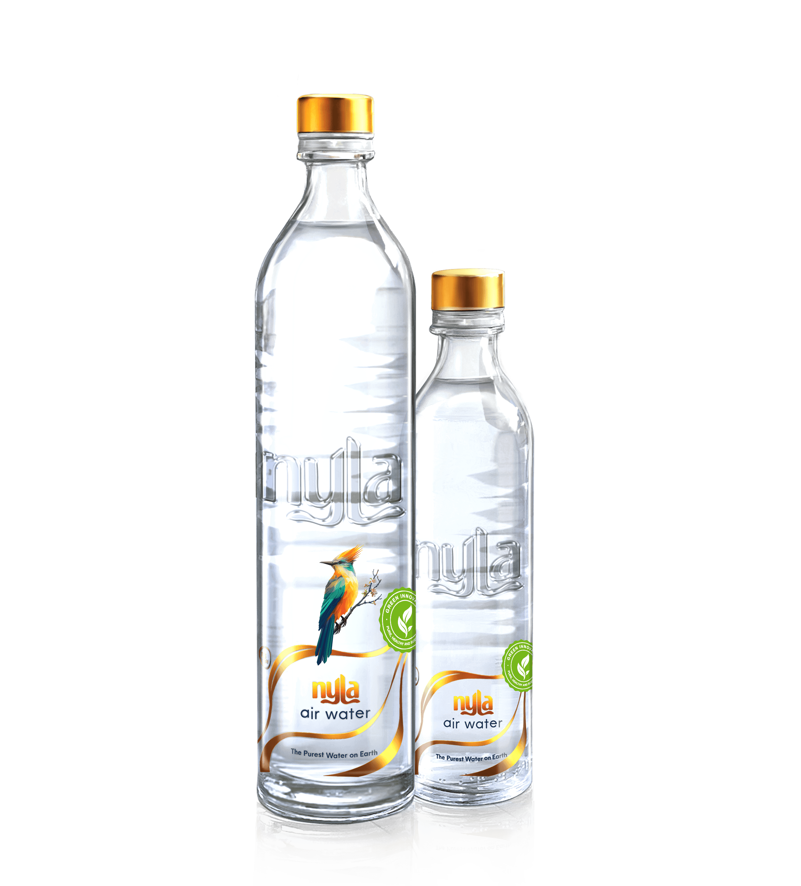 Nyla Alkaline Air Water — premium glass bottle with kingfisher branding