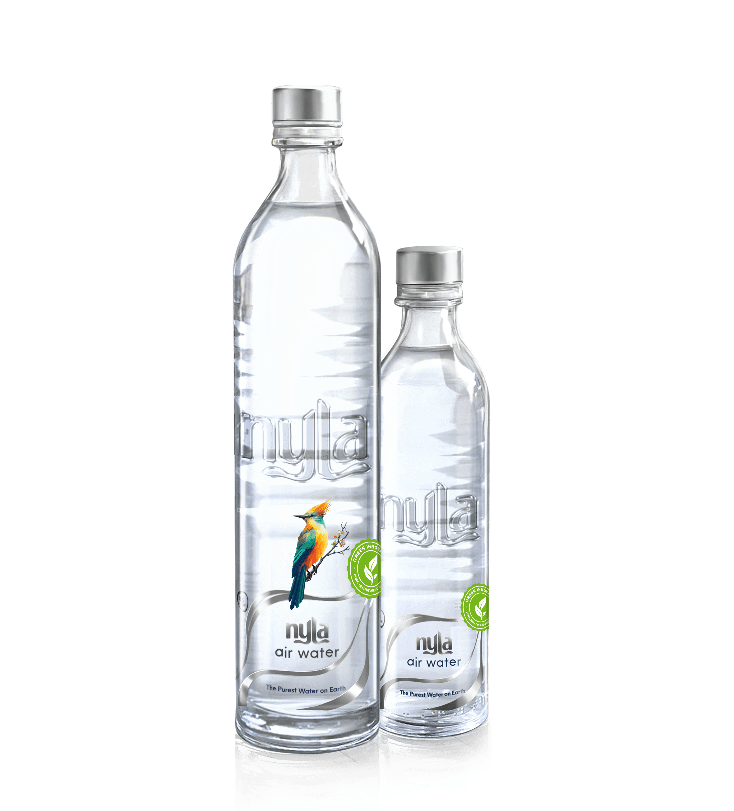 Nyla pH Balanced Air Water — glass bottles on a reflective surface